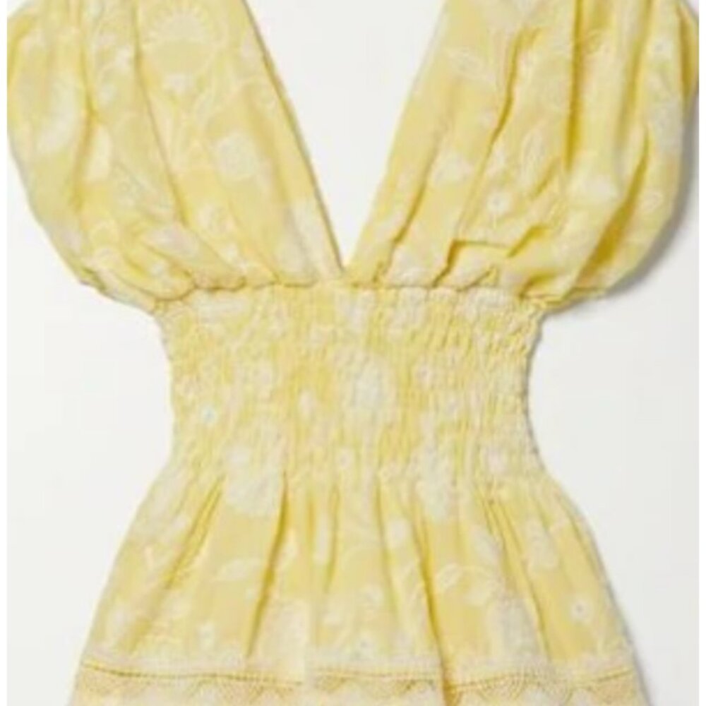 WAIMARI Paloma smocked guipure lace-trimmed embroidered cotton-voile mini dress